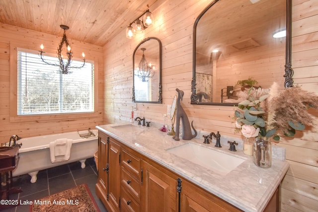 bathroom with wood ceiling and wooden walls