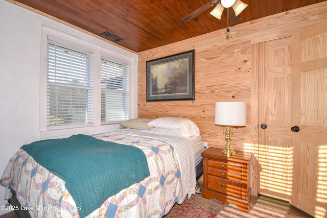 bedroom featuring wood ceiling and ceiling fan