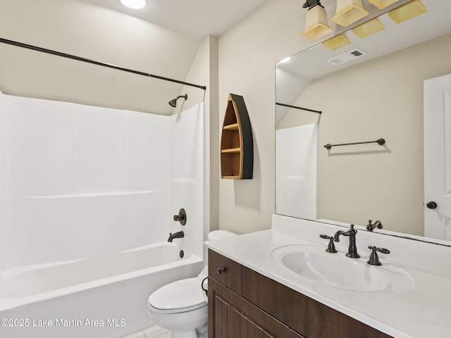 bathroom with toilet, visible vents,  shower combination, and vanity