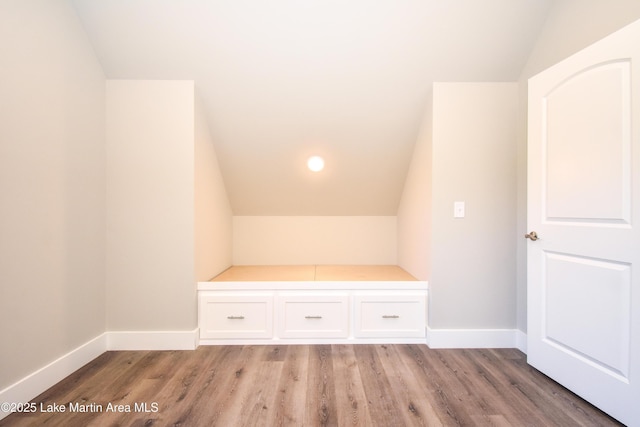 additional living space with light hardwood / wood-style flooring and vaulted ceiling