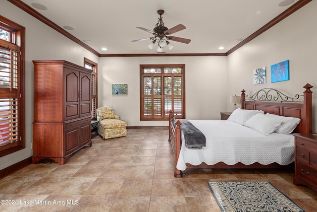 bedroom with ceiling fan and crown molding