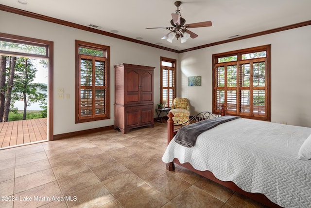 bedroom with access to outside, ceiling fan, and ornamental molding