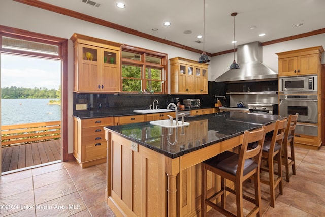 kitchen with stainless steel appliances, a kitchen island with sink, a wealth of natural light, and wall chimney range hood