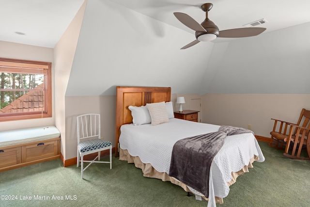 bedroom featuring carpet flooring, ceiling fan, and lofted ceiling