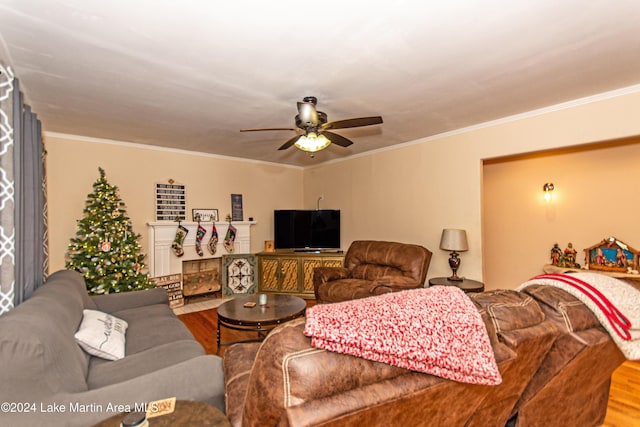 living room with ceiling fan, wood-type flooring, and crown molding