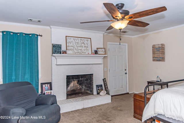 carpeted bedroom featuring ceiling fan, ornamental molding, and a brick fireplace