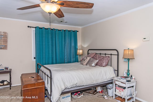 bedroom featuring carpet flooring, ceiling fan, and ornamental molding