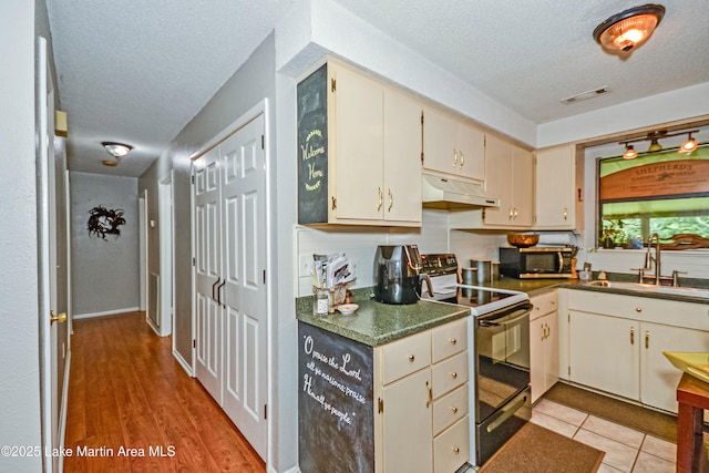 3464 Dobbs Rd, Alexander City, AL 35010 - kitchen featuring black electric range oven, under cabinet range hood, a textured ceiling, stainless steel microwave, and dark countertops