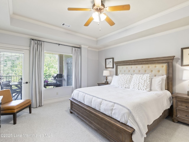 64 Stoneview Summit Ct Unit 5301, Dadeville, AL 36853 - bedroom featuring a tray ceiling, light carpet, access to exterior, and visible vents