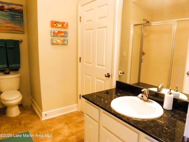 full bathroom with a stall shower, baseboards, toilet, tile patterned flooring, and vanity