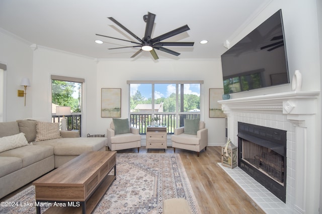 living area featuring ornamental molding, a tile fireplace, and a healthy amount of sunlight