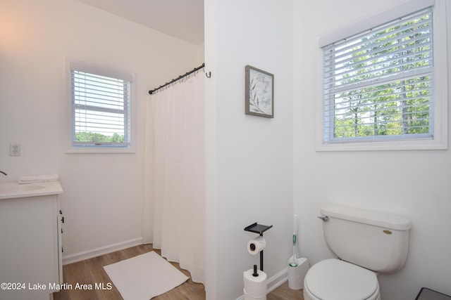 bathroom with toilet, baseboards, wood finished floors, and vanity