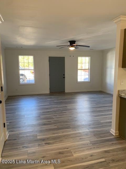 empty room featuring ceiling fan and dark hardwood / wood-style floors