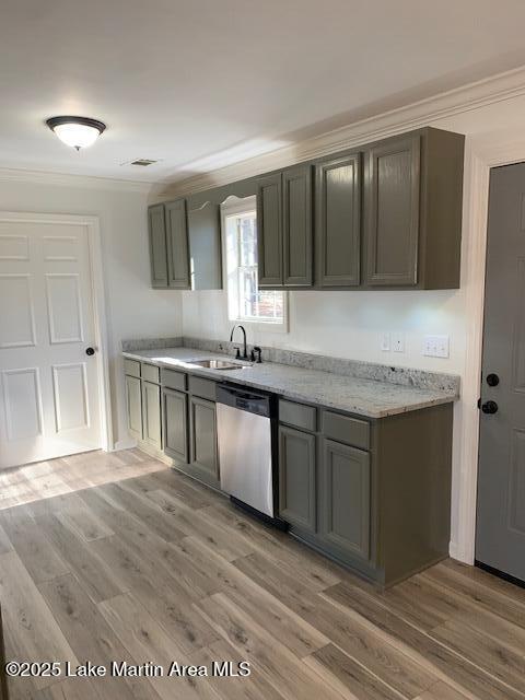 kitchen with light hardwood / wood-style floors, dishwasher, light stone countertops, crown molding, and sink