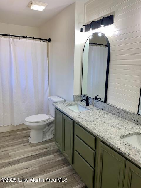 bathroom with toilet, hardwood / wood-style floors, and vanity