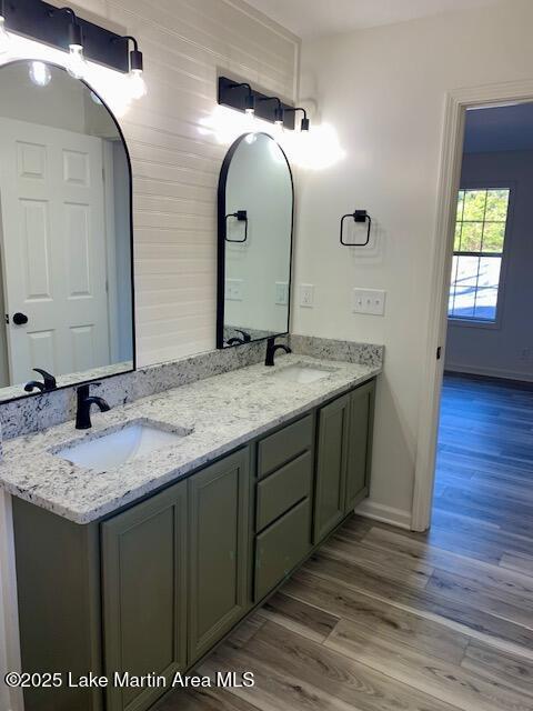 bathroom with hardwood / wood-style flooring and vanity