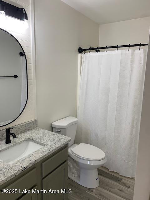 bathroom with hardwood / wood-style flooring, toilet, and vanity