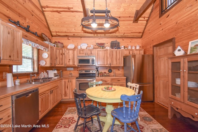 kitchen with sink, stainless steel appliances, high vaulted ceiling, dark hardwood / wood-style floors, and wooden walls