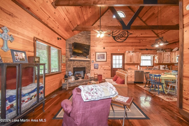 living room with beam ceiling, dark hardwood / wood-style flooring, and wooden walls