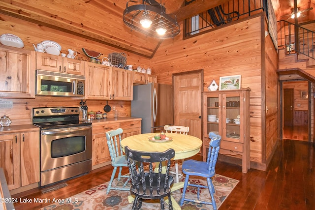 kitchen featuring dark hardwood / wood-style flooring, stainless steel appliances, high vaulted ceiling, and wooden walls