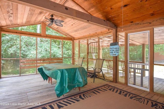 sunroom featuring vaulted ceiling with beams, ceiling fan, and wood ceiling