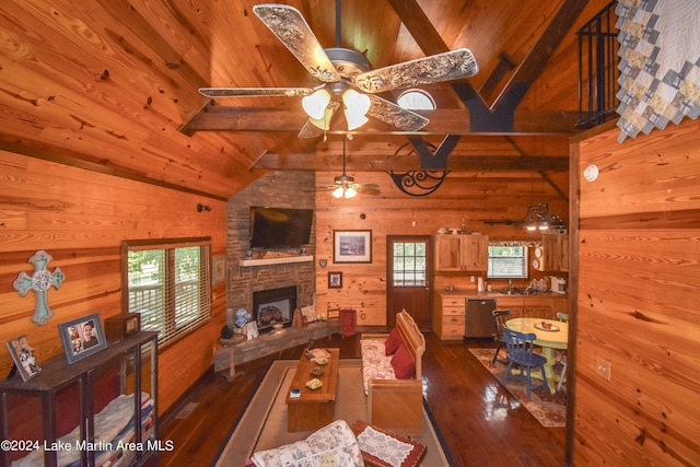 dining room with lofted ceiling with beams, dark hardwood / wood-style floors, a stone fireplace, and wooden walls