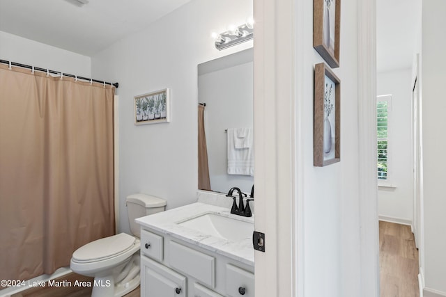 bathroom with hardwood / wood-style floors, vanity, and toilet