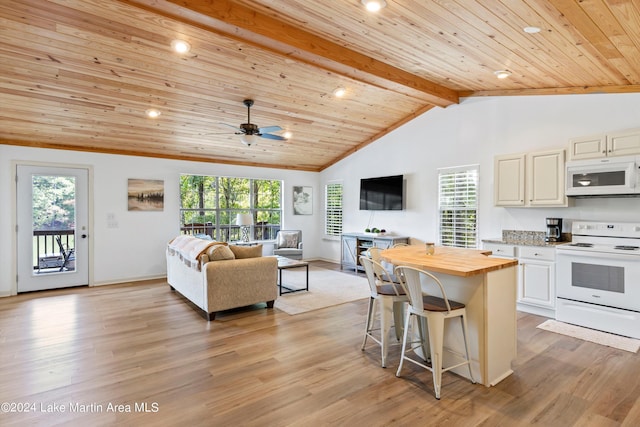 kitchen featuring a healthy amount of sunlight, wooden counters, light hardwood / wood-style floors, and white appliances