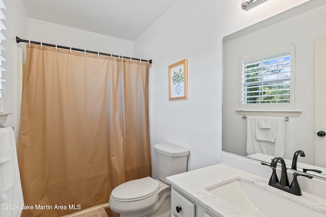 bathroom featuring a shower with shower curtain, vanity, and toilet