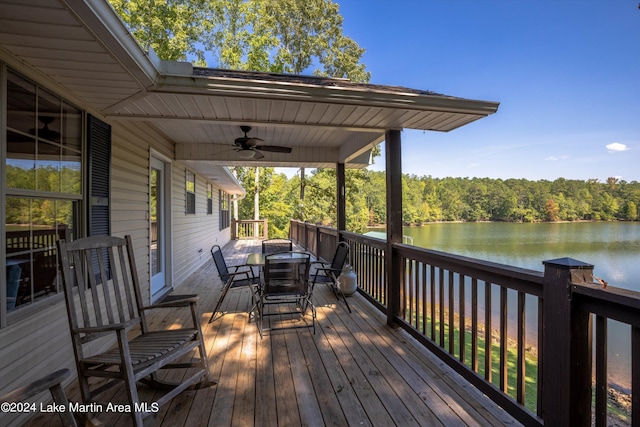 wooden terrace featuring ceiling fan and a water view