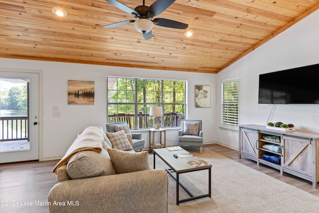 living room featuring ceiling fan, hardwood / wood-style floors, high vaulted ceiling, and wood ceiling