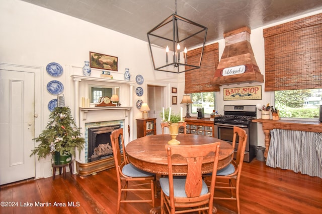 dining room featuring a notable chandelier, a healthy amount of sunlight, and dark hardwood / wood-style flooring