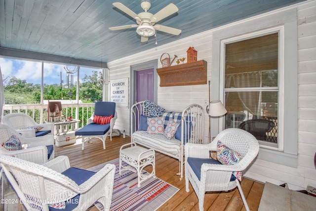 sunroom featuring ceiling fan and wood ceiling