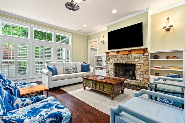 3408 Quail Cv, Opelika, AL 36801 - living area with ornamental molding, hardwood / wood-style floors, a fireplace, and recessed lighting