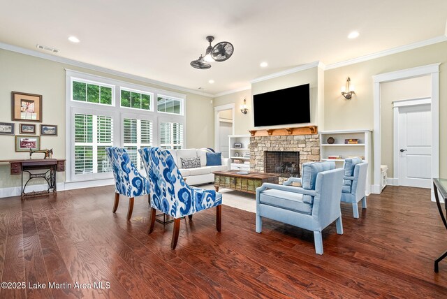 3408 Quail Cv, Opelika, AL 36801 - living room with ornamental molding, wood finished floors, a fireplace, recessed lighting, and baseboards