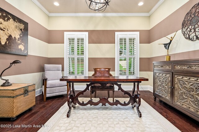 3408 Quail Cv, Opelika, AL 36801 - office with crown molding, hardwood / wood-style flooring, baseboards, and recessed lighting