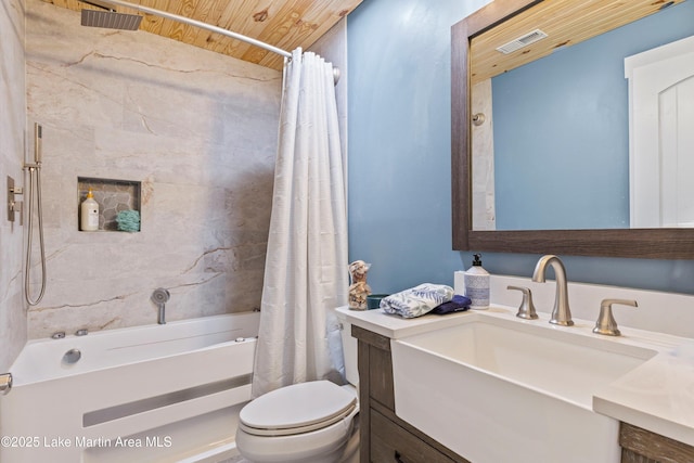 57 Lakeview Pt, Alexander City, AL 35010 - full bath featuring shower / bath combination with curtain, vanity, and wooden ceiling