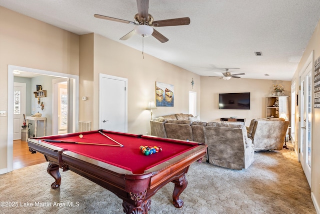 57 Lakeview Pt, Alexander City, AL 35010 - recreation room with carpet flooring, ceiling fan, billiards, and a textured ceiling