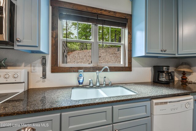 254 Paces Way, Dadeville, AL 36853 - kitchen featuring white dishwasher, a sink, and dark stone counters