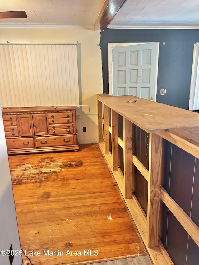interior space featuring ornamental molding and light wood-style floors
