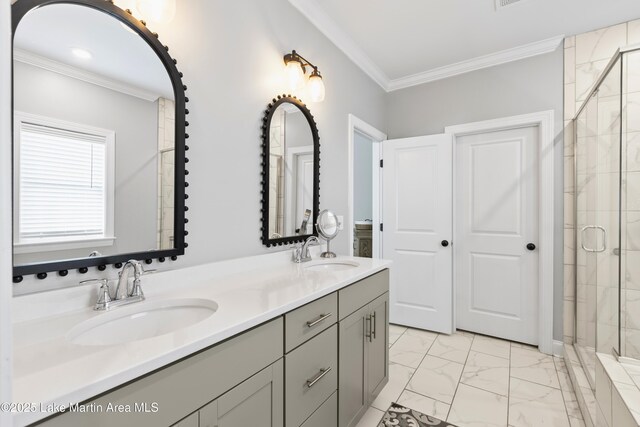 2409 Meadow Cove Rd, Auburn, AL 36832 - bathroom featuring ornamental molding, double vanity, a stall shower, and marble finish floors