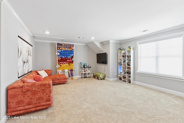 2409 Meadow Cove Rd, Auburn, AL 36832 - carpeted living area featuring ornamental molding, attic access, and recessed lighting