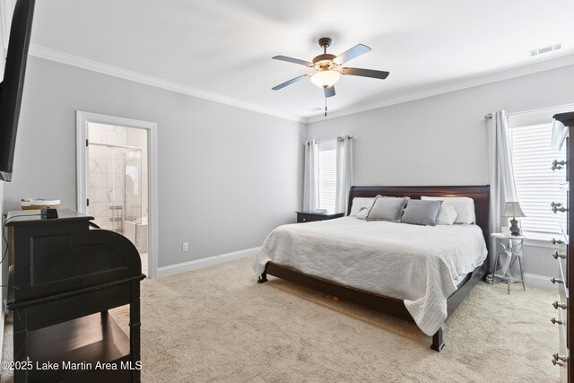 2409 Meadow Cove Rd, Auburn, AL 36832 - bedroom with ornamental molding, light carpet, ensuite bathroom, and ceiling fan