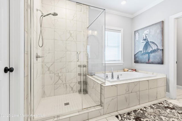 2409 Meadow Cove Rd, Auburn, AL 36832 - bathroom with a bath, a shower stall, crown molding, and marble finish floors