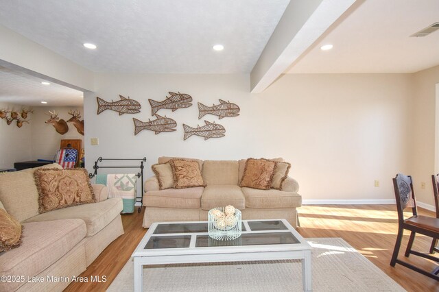 127 Ridge Crest Dr, Jacksons Gap, AL 36861 - living room featuring wood finished floors, recessed lighting, beam ceiling, and baseboards