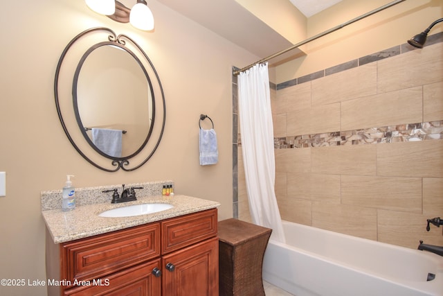 bathroom with vanity and shower / bath combination with curtain