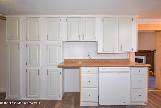 kitchen with white cabinetry, dark hardwood / wood-style flooring, and dishwasher