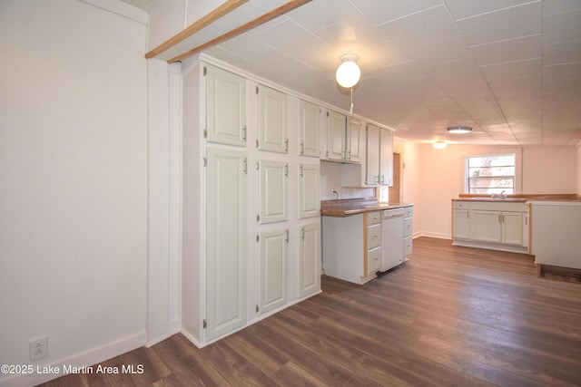 kitchen featuring sink, dark hardwood / wood-style floors, white cabinets, and white dishwasher