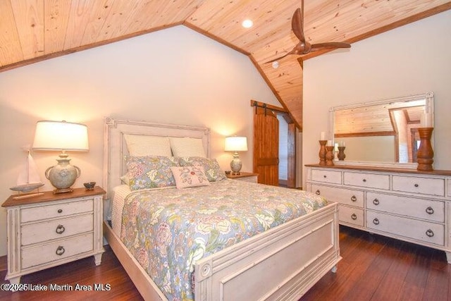 bedroom with lofted ceiling, wooden ceiling, and dark hardwood / wood-style flooring