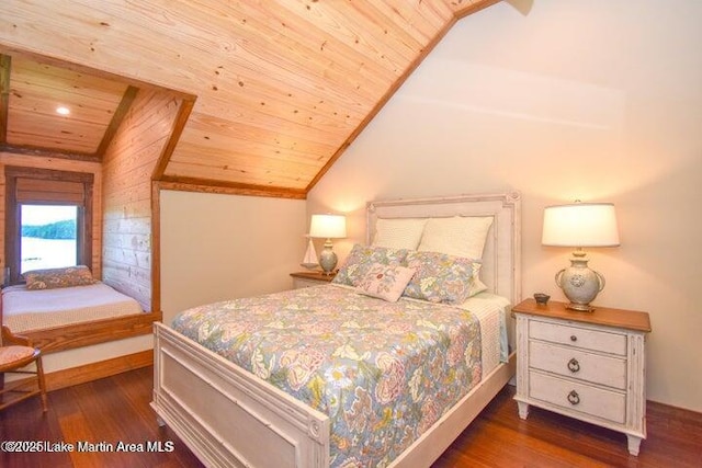 bedroom featuring lofted ceiling, crown molding, dark hardwood / wood-style flooring, and wooden ceiling